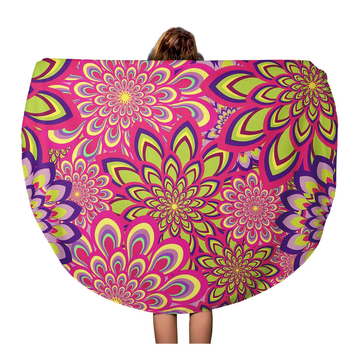 SIDONKU 60 inch Round Beach Towel Blanket Pink Whimsical Flower Pattern