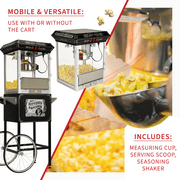 Full Size Carnival Style 8 oz Popcorn Maker Machine with cart, Black and Silver