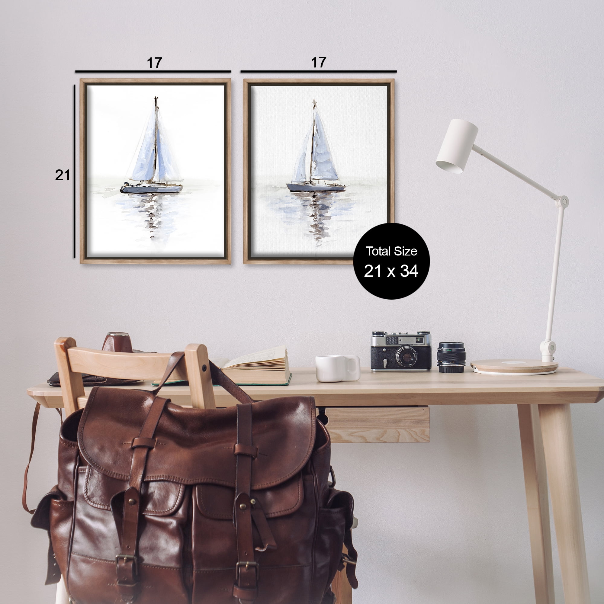Stupell Industries Watercolor Sailboat Calm Water Transportation Painting Brown Floater Framed Canvas Art Print Wall Art, 17 x 21, Set of 2