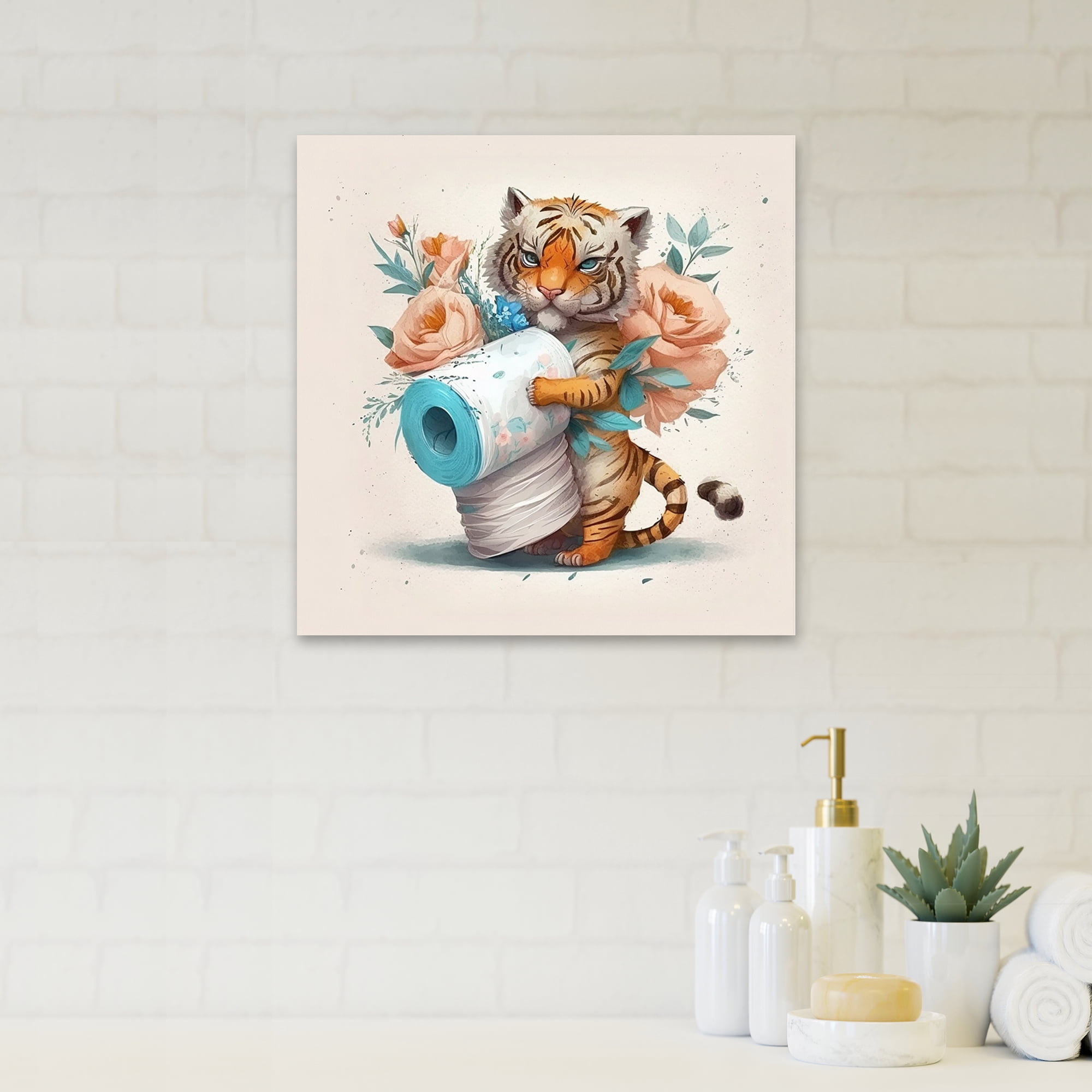 Designart Tiger With Roll Of Toilet Paper And Flowers II Canvas Wall Art