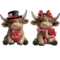 EcoVerve Highland Cow Valentine's Day Figurine 2 Pack,Love Heart Rose Highland Cow Scottish Resin Statue Calf Lovers Gifts for Home Decor, Romantic Love Token Gift for Couples Anniversary