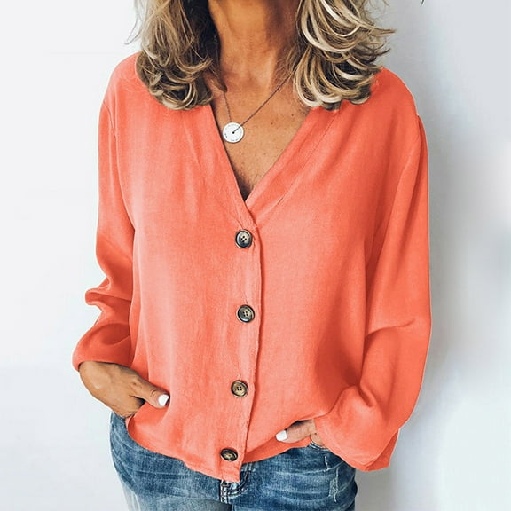 Blmnix Womens Button Down Shirts Baggy Solid Color Orange Beach Tops V-Neck Long Sleeve Blouses