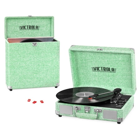 Victrola Record Player Bundle Includes a 3-Speed Turntable, Record Storage Case and Replacement Needles, Light Mint Green