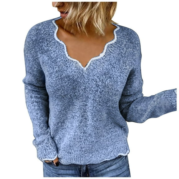 Sweaters for Women Fashion Casual Slim Fit Long Sleeve Stripe V-neck Knitted Sweater Tops