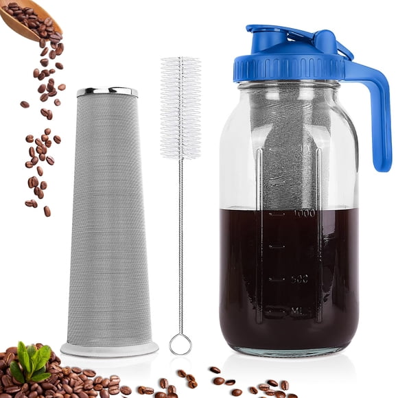QHH Cafetera fría, jarra de boca ancha de 64 oz con filtro de acero inoxidable, tapa con mango de pico vertedor, jarra de vidrio resistente hermética y a prueba de fugas para café helado y té, limonad
