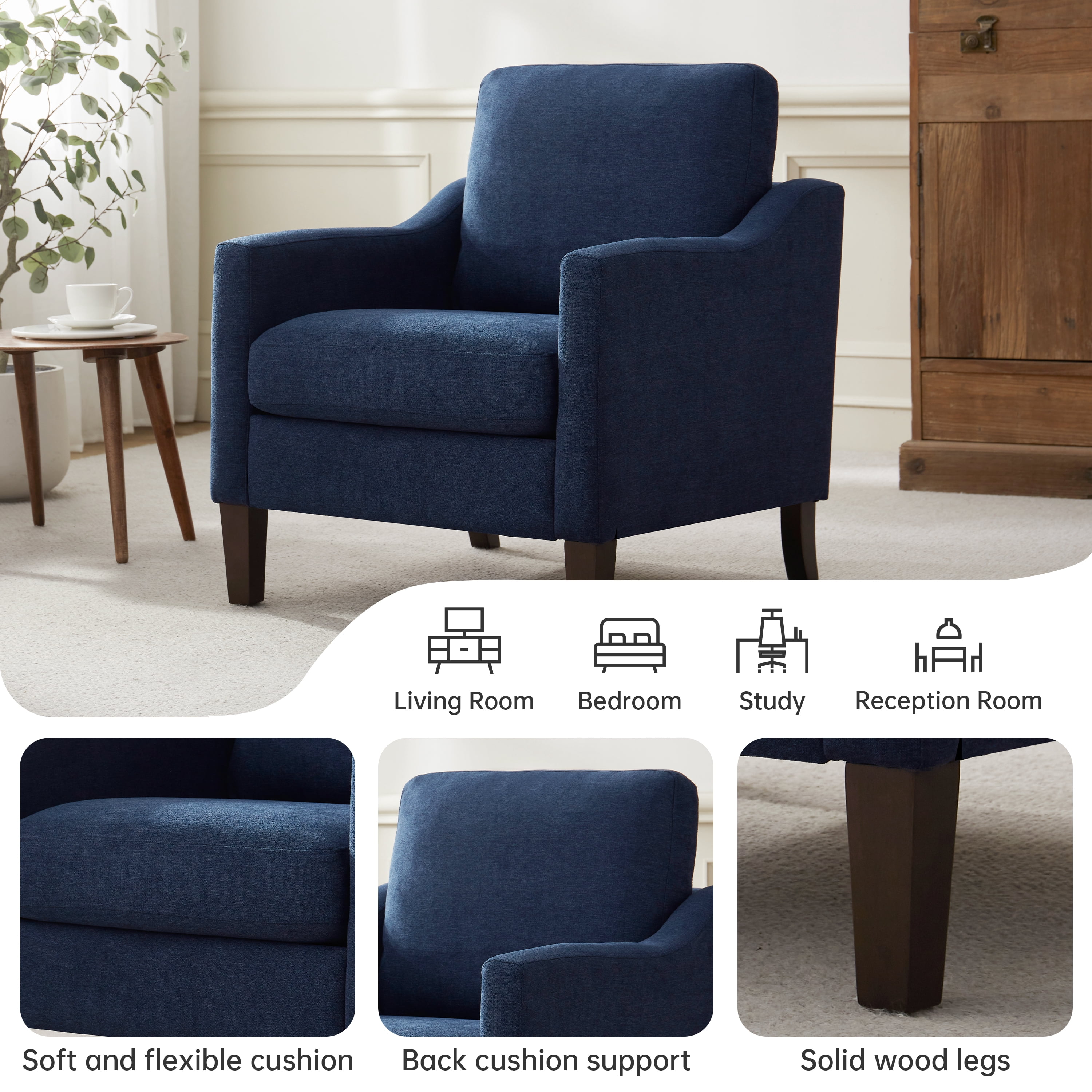 Vknow Furniture Mid Century Modern Upholstered Accent Chairs Set of 2 for Living Room, Blue