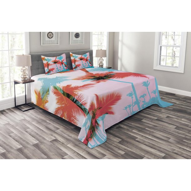 Tropical Bedspread Set Queen Size, Coconut Palm Tree Silhouettes Exotic