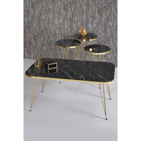Black Marble Table Set with 4 PCS,Rectangular Coffee Table Set of 3 Modern Round Nesting Coffee Tables,Coffee Table with Gold 3-Rod Metal Legs,Stacking Side Tables With Gold Side Details,End Tables
