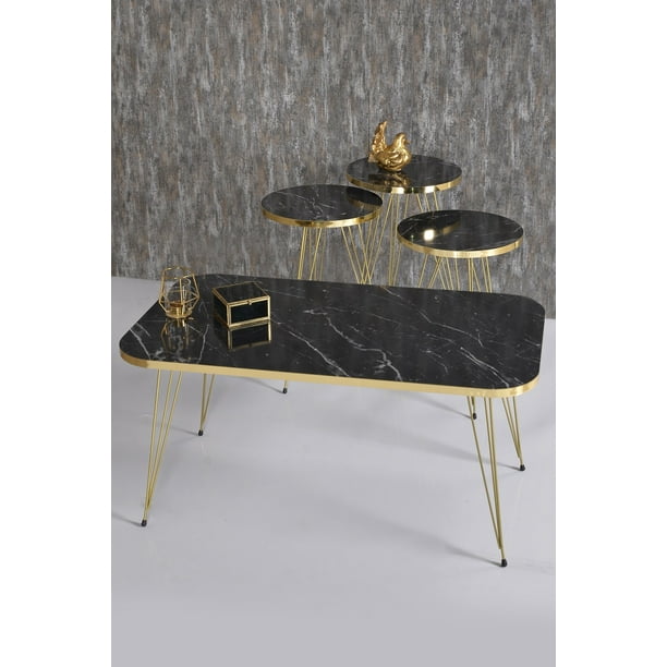 Black Marble Table Set with 4 PCS,Rectangular Coffee Table Set of 3