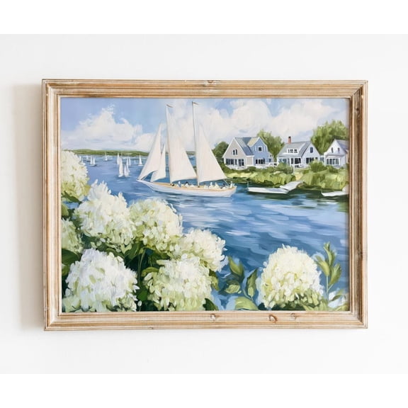 Nantucket Sailboat Art Poster, Hydrangea Coastal Wall Decor, Seaside Cottage Summer Style, New England, Beach House, 8x12 UNFRAMED