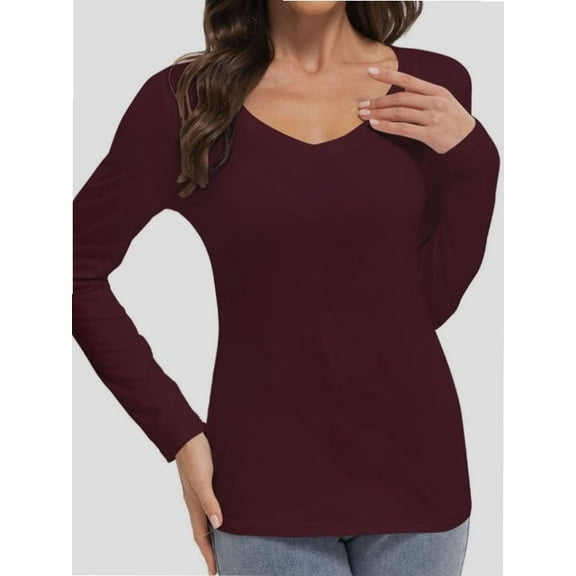 Womens Fall Deep V Neck Long Sleeve Shirts Modal Slim Fit Basic Tee Tops
