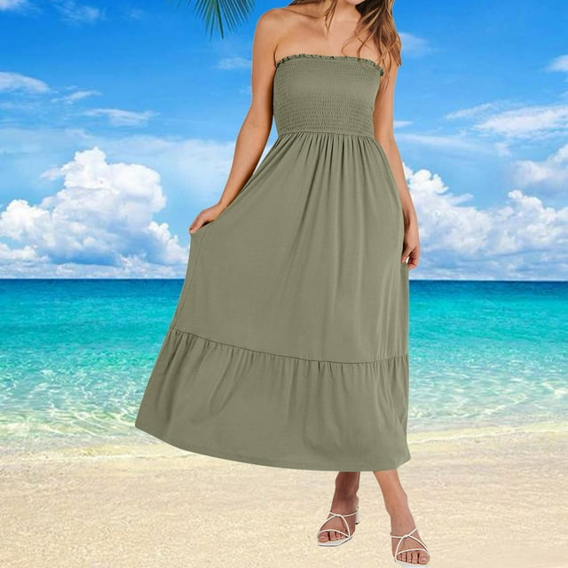 Gspmoly Robe pour Femmes, Robe d'Été Sans Bretelles à Smocks Évasée en Ligne A Boho de Mode pour la Plage, Robe Longue Maxi de Fête avec Poches, Robes de Vacances pour Femmes, Cadeaux de Vacances