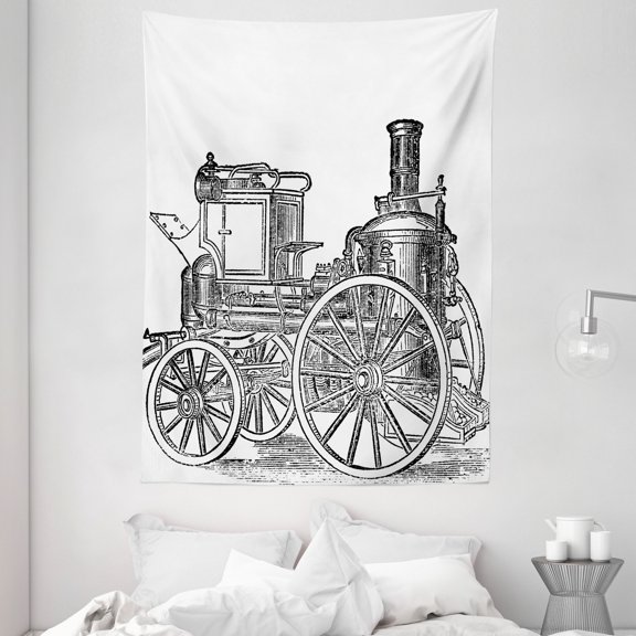 Steam Engine Tapestry, Old Fireman Truck Drawing Effect Picture British Antique Transport, Wall Hanging for Bedroom Living Room Dorm Decor, 60W X 80L Inches, Charcoal Grey White, by Ambesonne