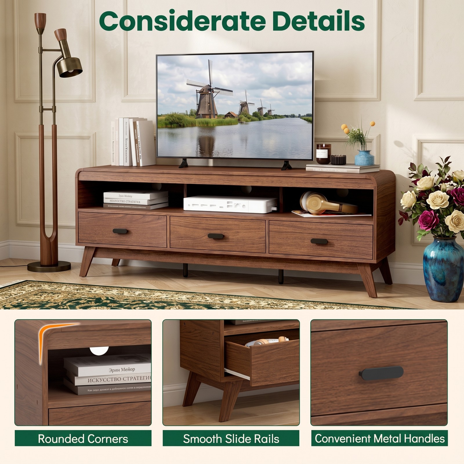 Furnibear Mid Century Modern TV Stand for TVs up to 70 Inch, Wood Entertainment Center Media Console with 3 Storage Drawers and Open Shelves for Living Room, Walnut