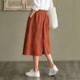 thumbnail image 4 of Women's Cotton Linen Midi Skirts Elastic Waist Front Button Solid Color A-Line Skirts Loose Causal Going Out Skirts with Pockets, L, 4 of 6