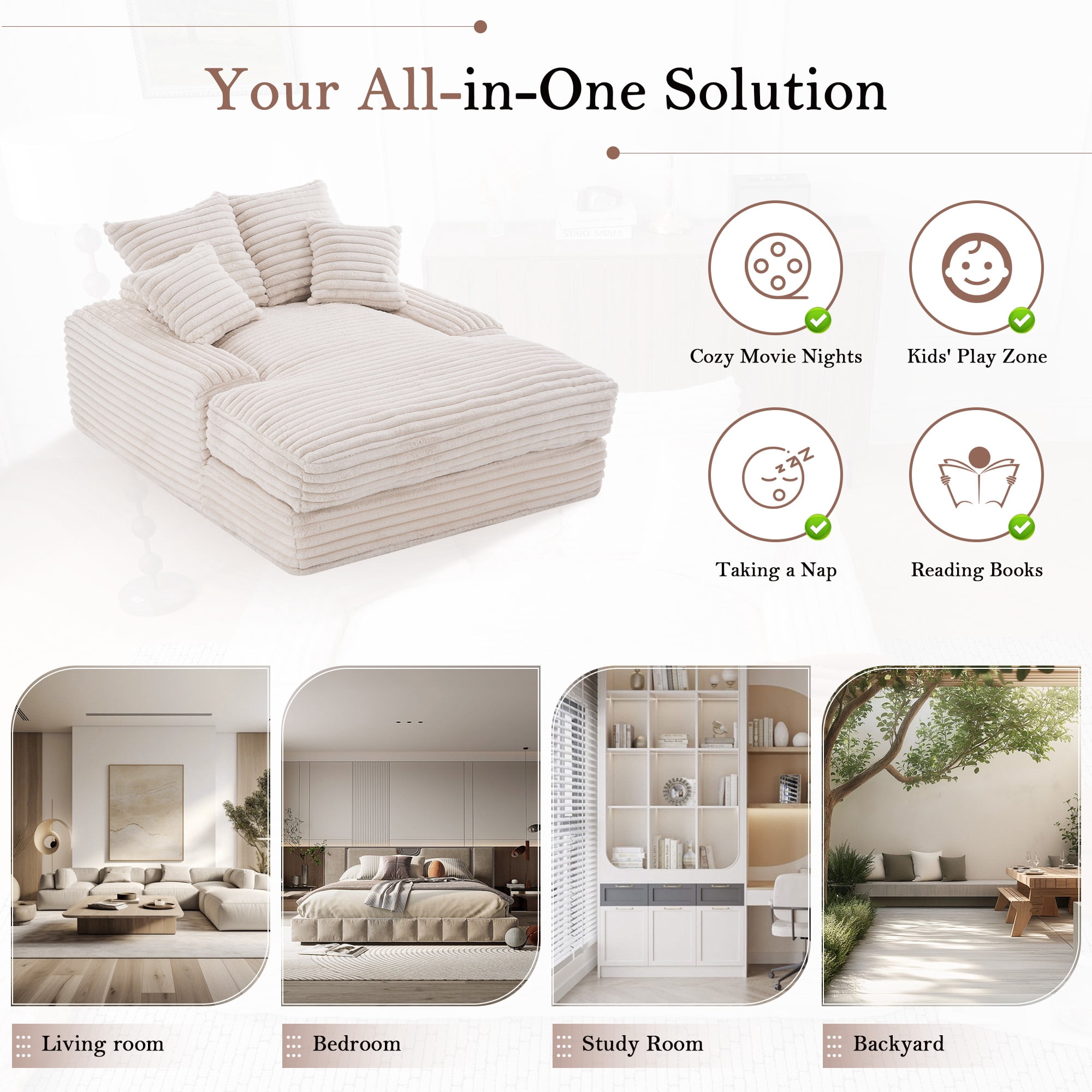 MOONMISS 69in Corduroy Chaise Lounge Sofa Bed with 4 Pillows,No Assembly Chair Bed for Small Space Living Room Apartment,Beige