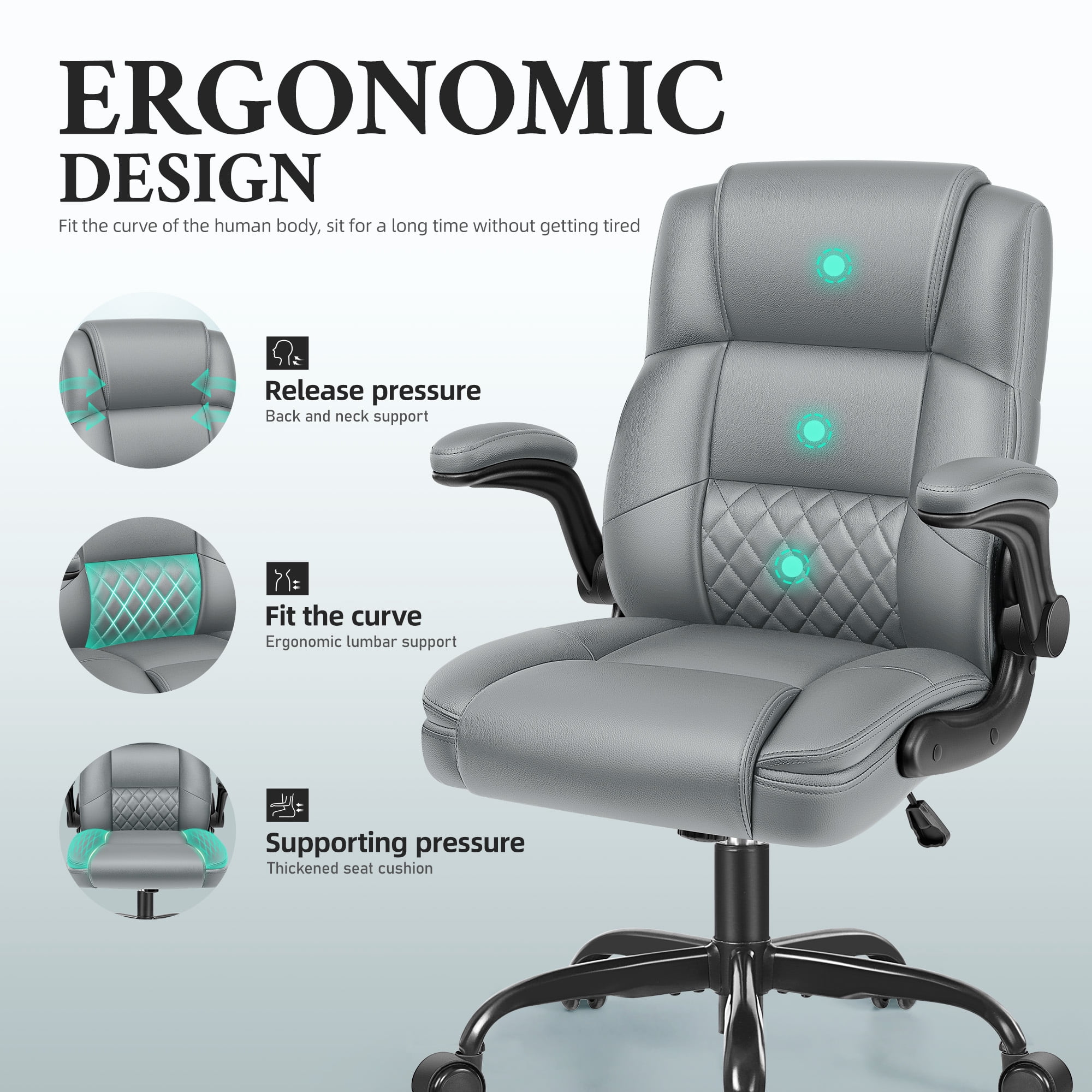 ALLGOD Leather Office Chair 400lbs, Ergonomic Desk Chairs with Back Support, Computer Chair with Wheels and Adjustable Armrest for Home Office, 360°Swivel Free, Gray