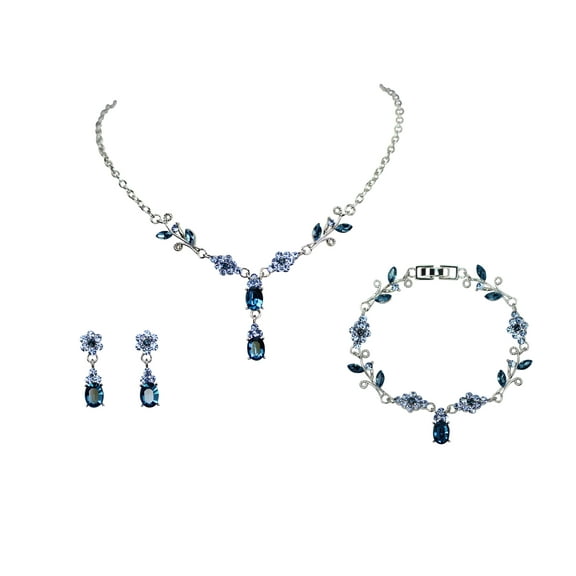 Faship Dark Blue Rhinestone Crystal Floral Necklace Bracelet Earrings Set