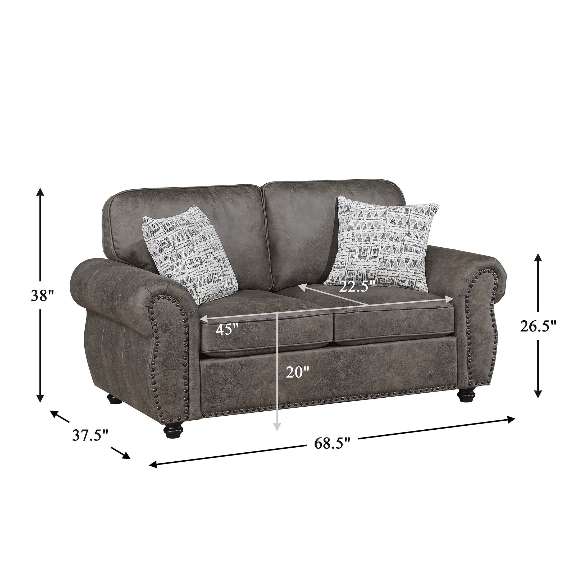 OakvillePark Solvane Microfiber Loveseat with 2 Pillows and Nailhead Trim, Brownish Gray