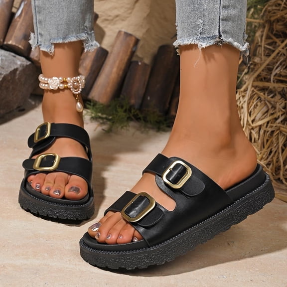 Womens Flat Sandals Cork Footbed Slides 2 Straps Adjustable Buckle Slip On Summer with Comfort Shoes