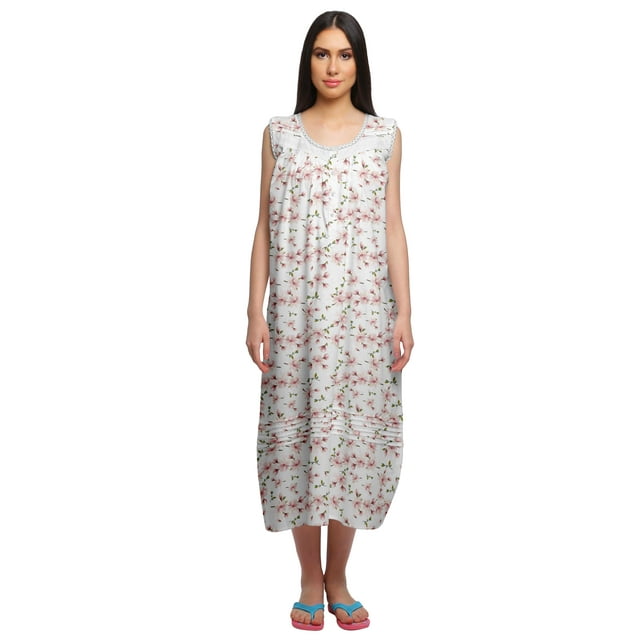 Moomaya Womens Lace Border Sleepwear For Ladies Button Placket Nightdress