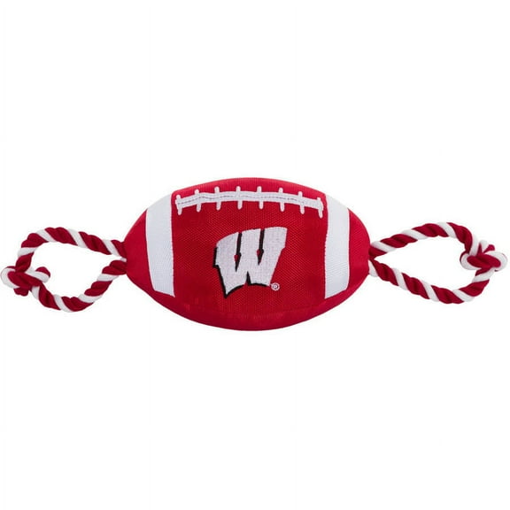 Pets First NCAA Wisconsin Badgers Strong, Durable, Chewable Football Dog Toy with Inner Squeaker and Side Ropes, Officialy Licensed