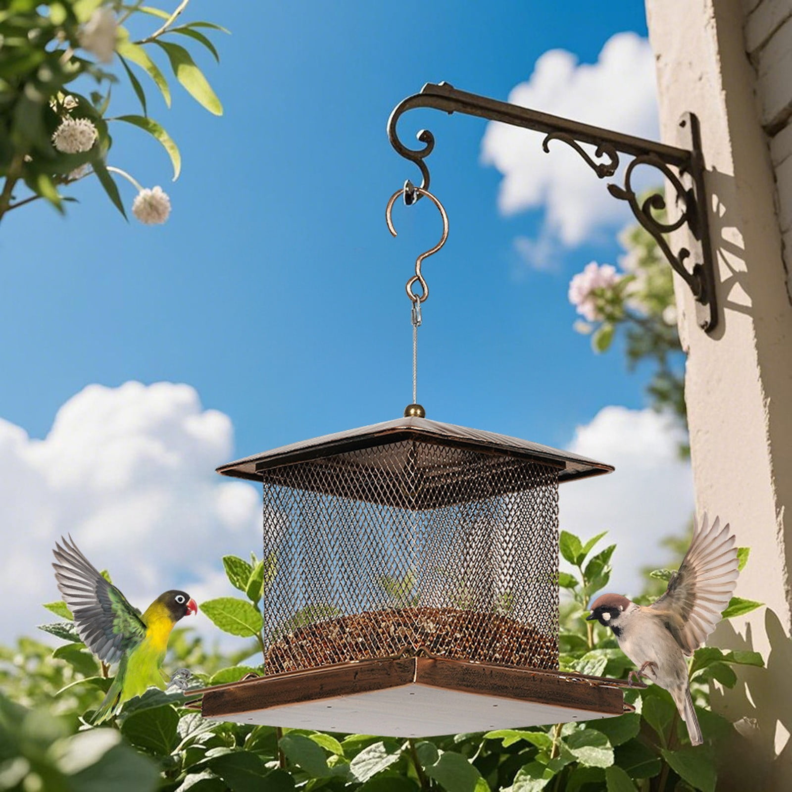 Heavy Duty Metal Bird Feeder | Antique Copper Outdoor Hanging Standing Garden Squirrel-Proof Feeding Station | Integrated Water Food Feeder | 7x11x17.7in