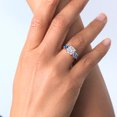 thumbnail image 5 of Gem Stone King 18K Rose Gold Plated Silver Moissanite and Persian Blue Moissanite 3 Stone Engagement Ring for Women (3.40 Cttw, Gemstone, Cushion 8MM, Size 5), 5 of 5