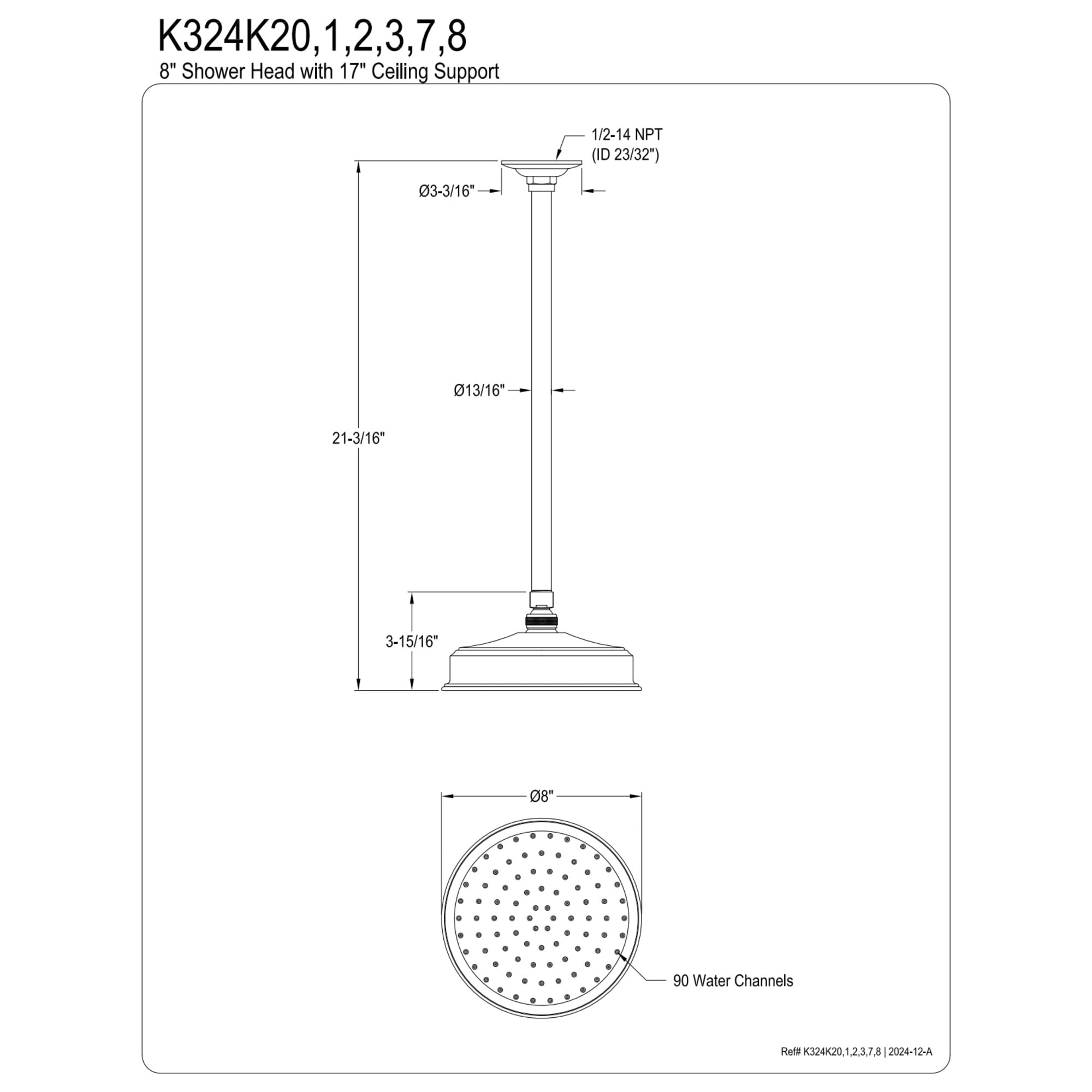 Kingston Brass K324K27 Trimscape 8" Round Brass Shower Head with 17" Ceiling Mounted Shower Arm, Brushed Brass