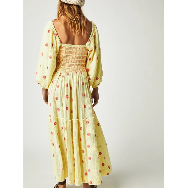 Women Floral Embroidered Maxi Dress Long Puff Sleeve Square Neck Boho Flowy  Dress with Pockets Smocked Swing Long Dresses - Walmart Business Supplies