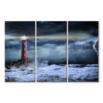 Elephant Stock Stormy Ocean Lighthouse Wall Art - Horizontal Multi Panel Canvas - Living Room Wall Decor - Nautical Multi Panel - Gray And Blue Decor - 38" x 24"