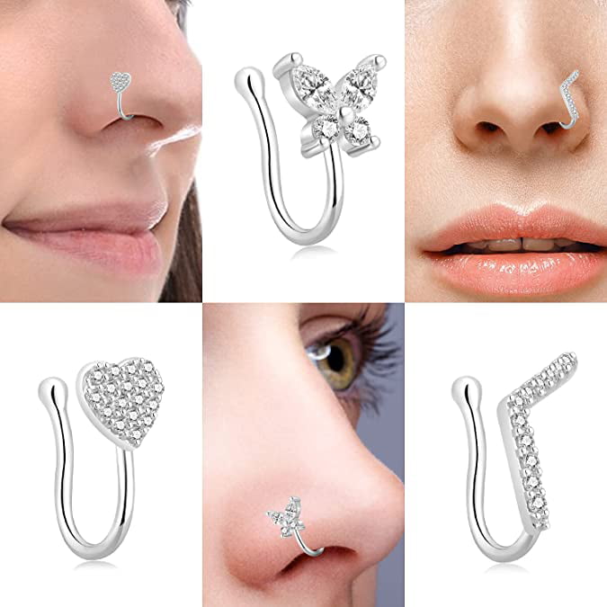 9 Pcs Fake Nose Ring Nose Cuff Non Piercing Inlaid Clip on Faux Nose Rings  Jewelry Piercing Nose Cuffs for Women Men（Silver） 