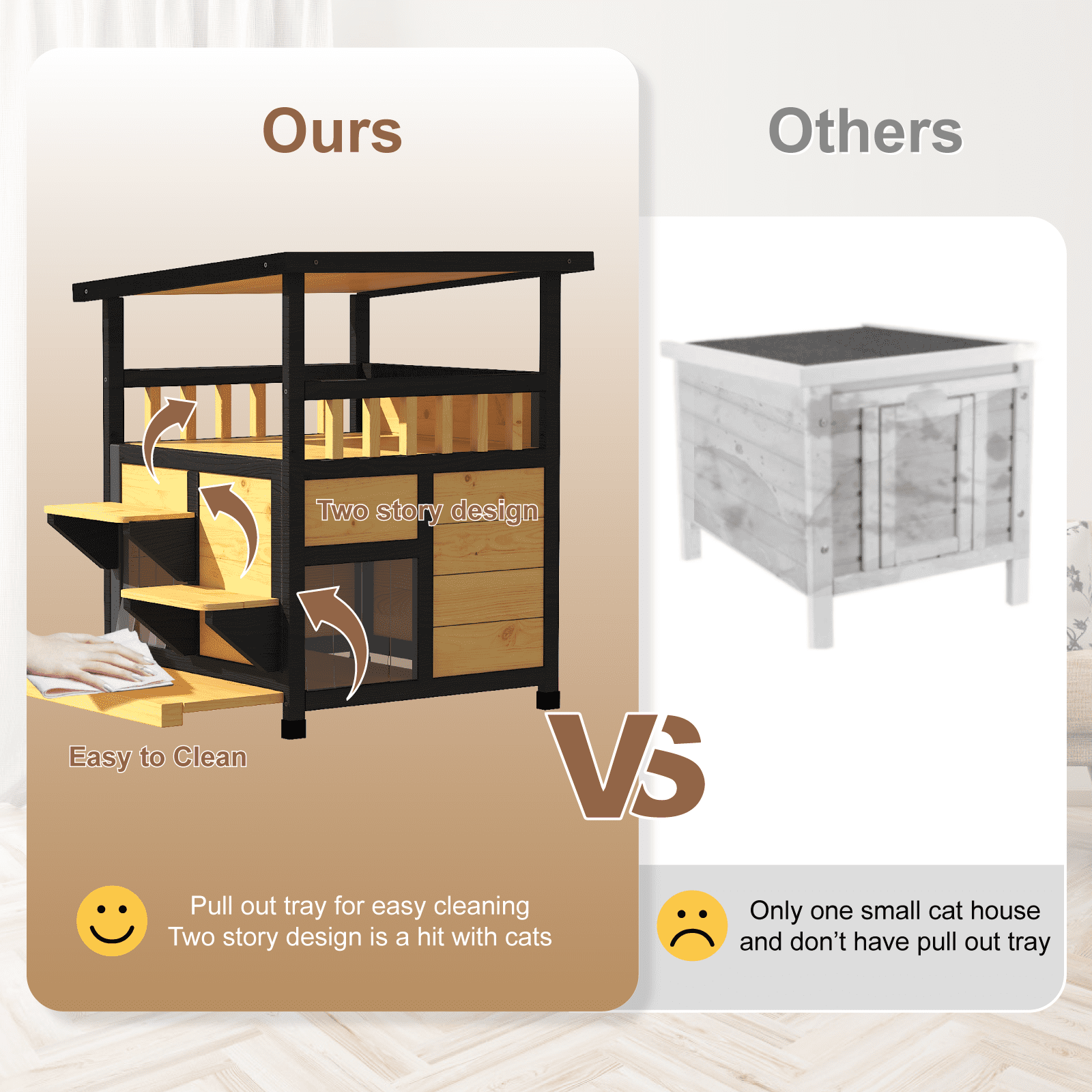 TIMHAKA 2-Story Outdoor Cat House, Wooden Feral Cat Shelter w/ Escape Door, Pull-Out Bottom & Scratching Mat