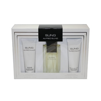 Alfred Sung Sung for Women - Set de regalo de 3 piezas 3.4oz EDT Spray, 2.5oz Essential Body Lotion, 2.5oz Refreshing Shower Gel.