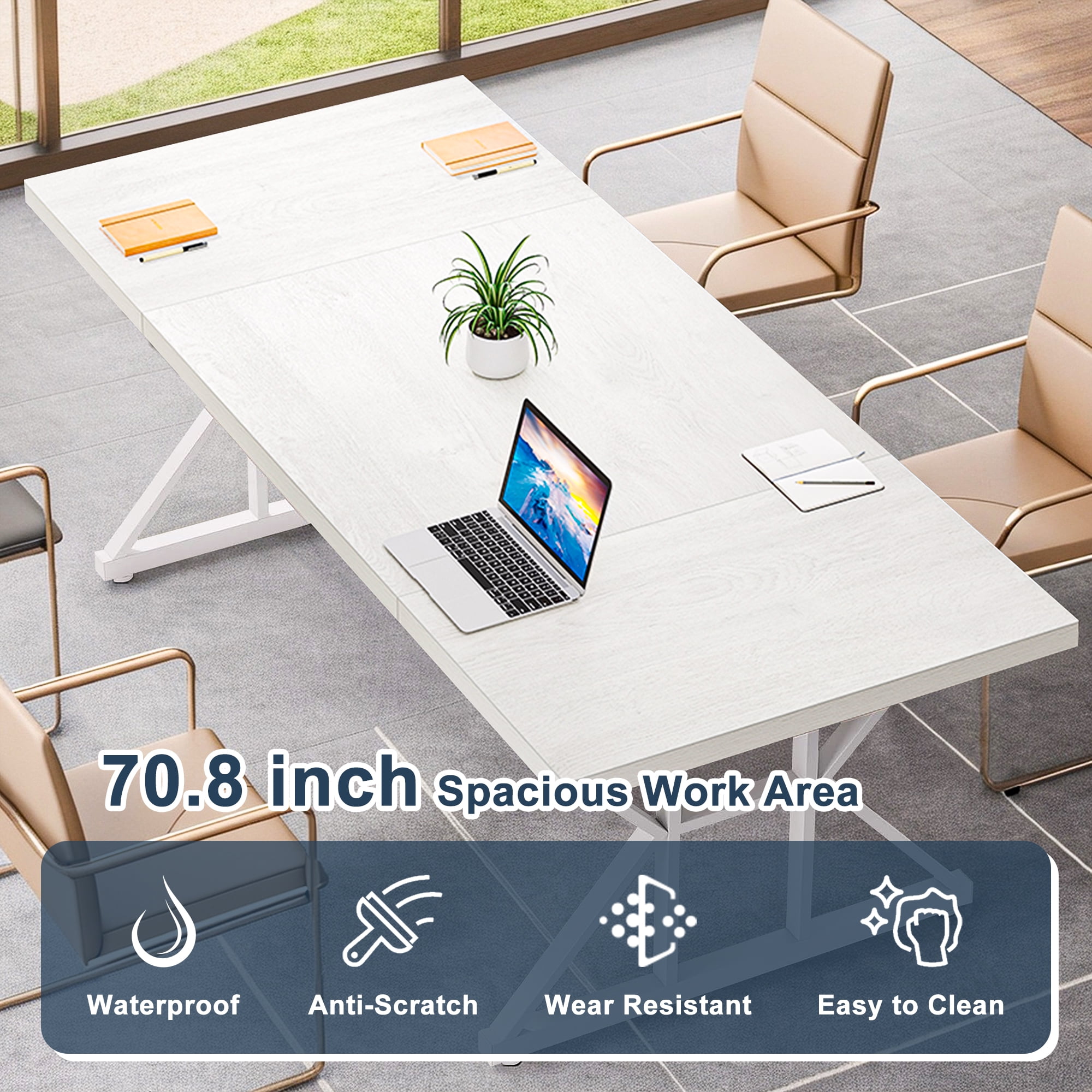 Demi Bonn 71" Farmhouse Dining Table, Wood Rustic Kitchen Table for 6 People, Large Rectangular Dinner Table for Dining Room, Home Office, Living Room Furniture, White