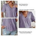 thumbnail image 4 of Women Hollow Short Sleeve Top V Neck Casual Loose Fitting Button Front Summer T Shirt Top Purple XL, 4 of 5
