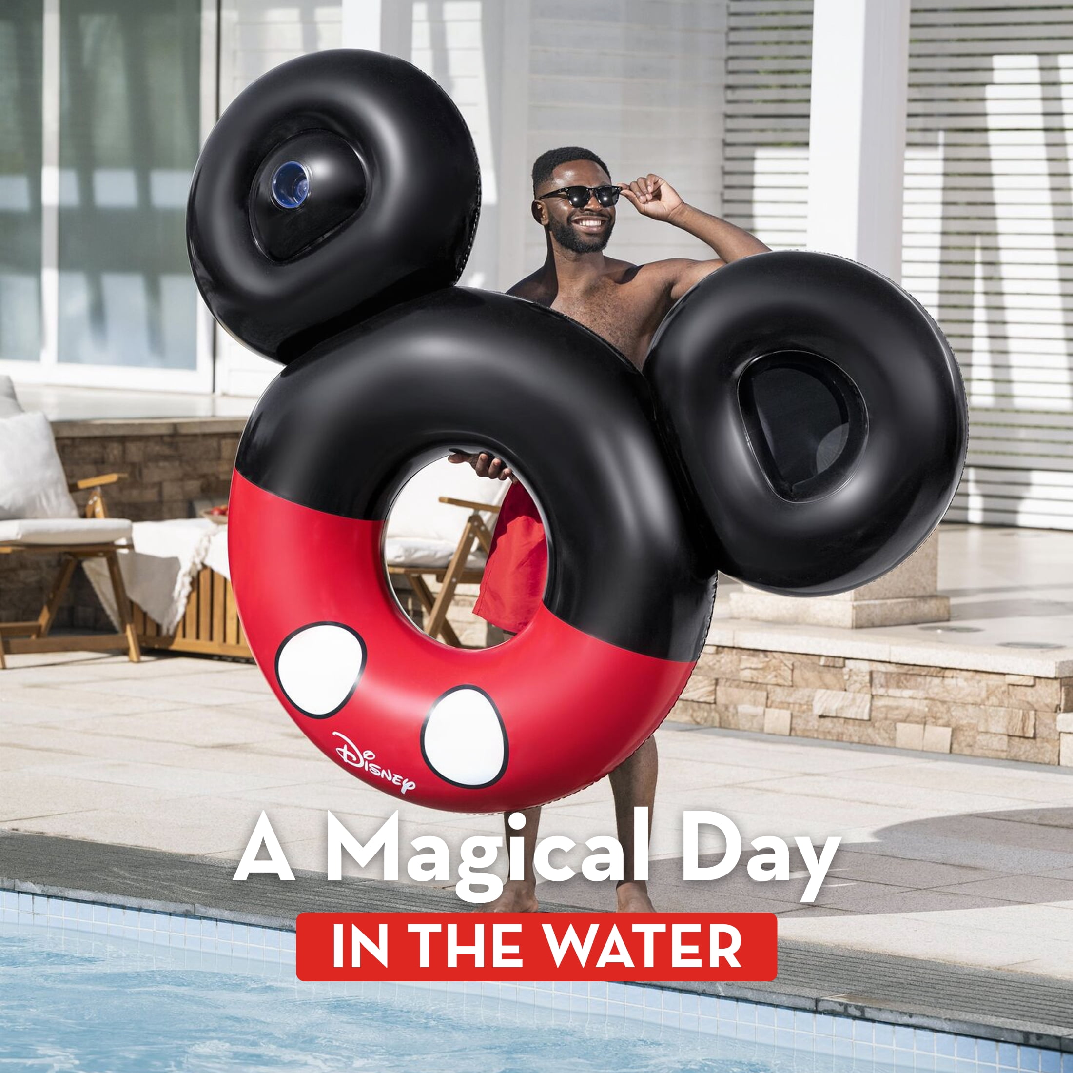 Disney Mickey Mouse Inflatable Swim Tube with Cup Holder & Storage Space, Extra Large 44’’ Dia.,  6’W X 56’’ H,  220lbs Weight Capacity, Age 12+