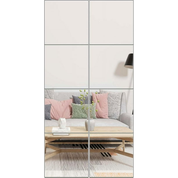 Azulejos de Espejo de Pared de Longitud Completa, 12 x 12 x 4 Piezas sin Marco, Espejo de Pared de Vidrio para Gimnasio en casa, Puerta, recámara, Sala de Estar