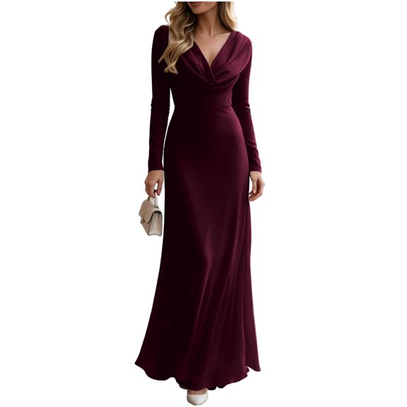 BAVIRRA Women Cowl Draped Neck Mermaid Maxi Dress, Long Sleeve Fitted Waist Flowy Chiffon Formal Gown, Modest Elegant Outfit for Prom Wedding Guest Bridesmaid Cocktail Party