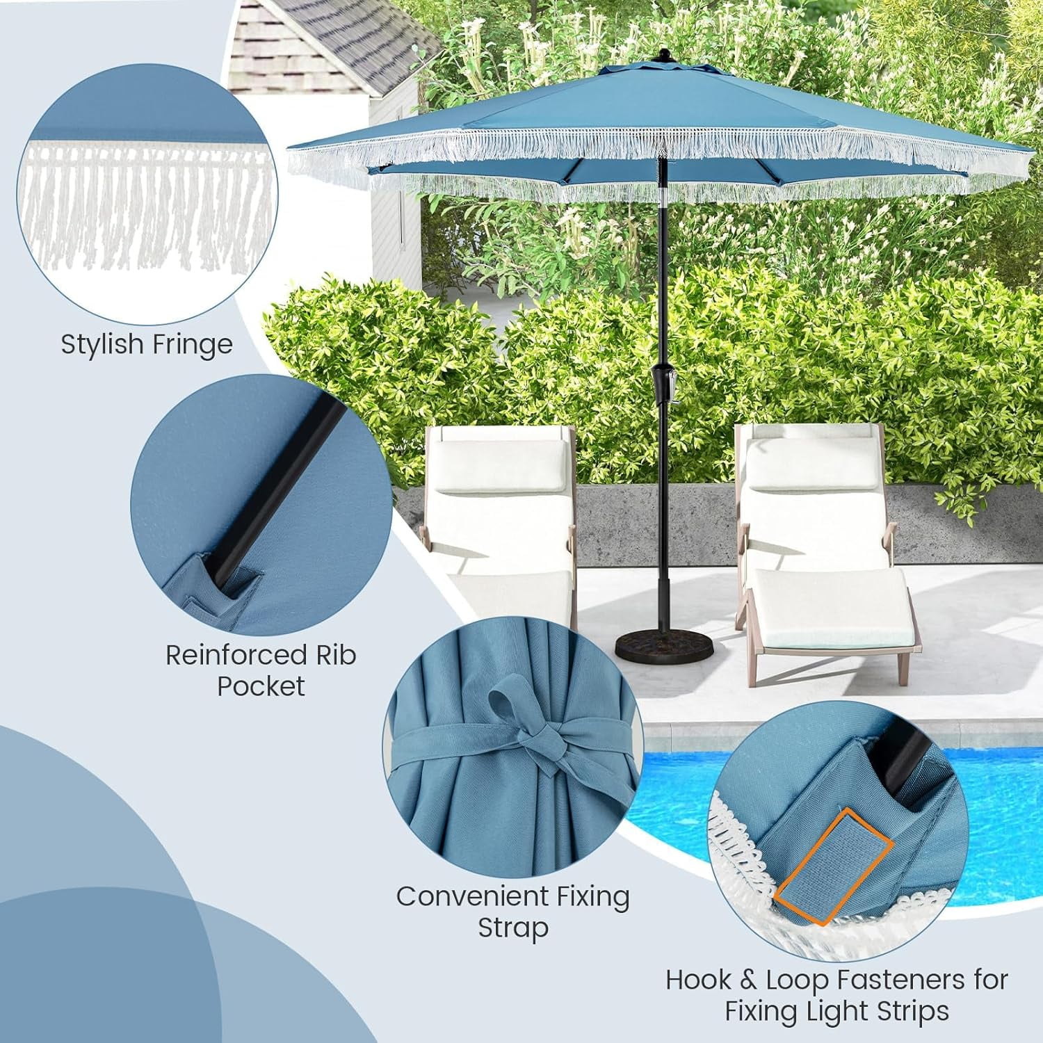 CRXX 9 FT Patio Umbrella with Fringe, Outdoor Tassel Umbrella with Push Button Tilt, Crank, 8 Ribs, Vented Top, Fade-resistant Canopy, Heavy-Duty Market Table Umbrella for Yard Garden Pool-Blue