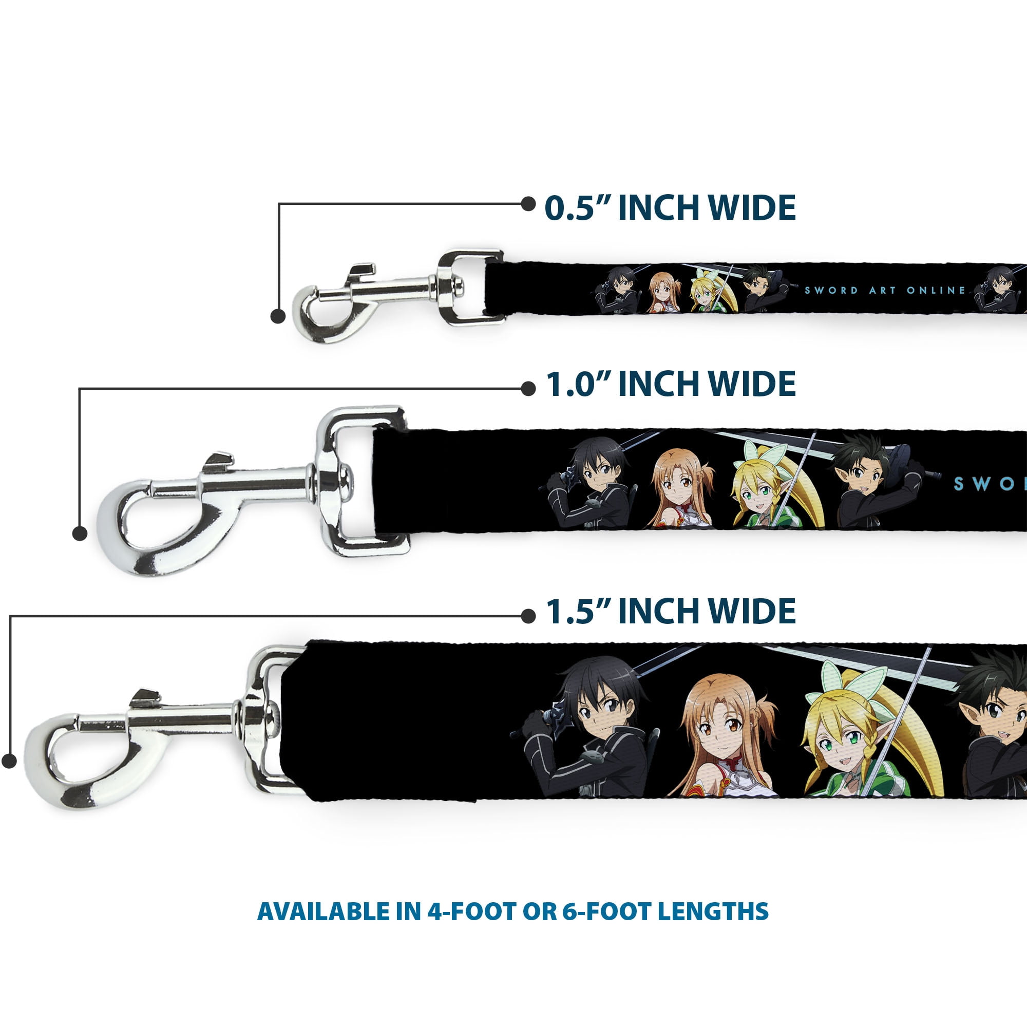 Sword Art Online Pet Leash, Dog Leash, Sword Art Online Four Character Swords Group and Logo Black, 6 Feet Long 1.0 Inch Wide