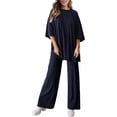 thumbnail image 6 of WTOBBY Women's Loose Fashion Solid Color Split Hem Round Neck Short Sleeve Top and Long Pants Two Piece Casual Summer Set for Women,Navy L, 6 of 6