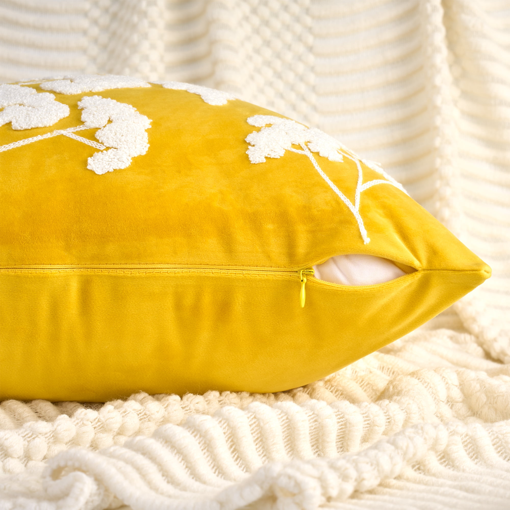 Unique Bargains Velvet Throw Pillow Covers with Blossom Pattern Pack of 2 Yellow 18" x 18"