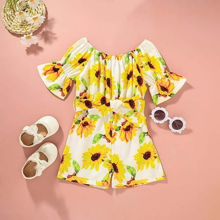 

QISIWOLE Toddler Kids Baby Girls Flared Sleeve Jumpsuit With Print One-shoulder Jumpsuit clearance under 10