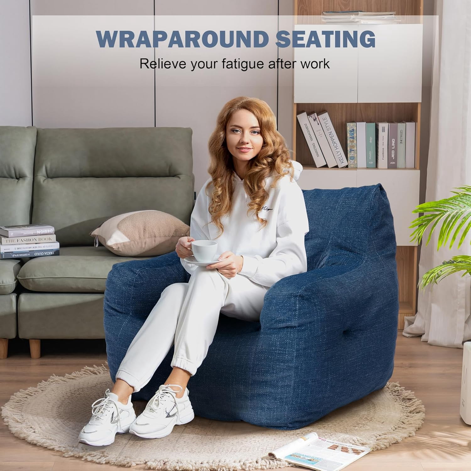 3FT Medium Bean Bag Chair with Filler, Comfy Soft Linen Accent Chair Lounger Sofa Giant Bean Bag Chairs for Adults, Teens, Kids - Gift Choice, Blue