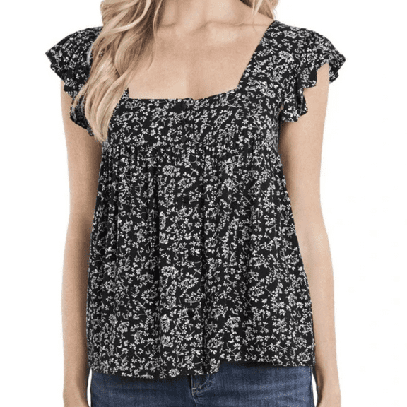 CeCe Floral Ruffle Sleeveless Top in Rich Black, Size S