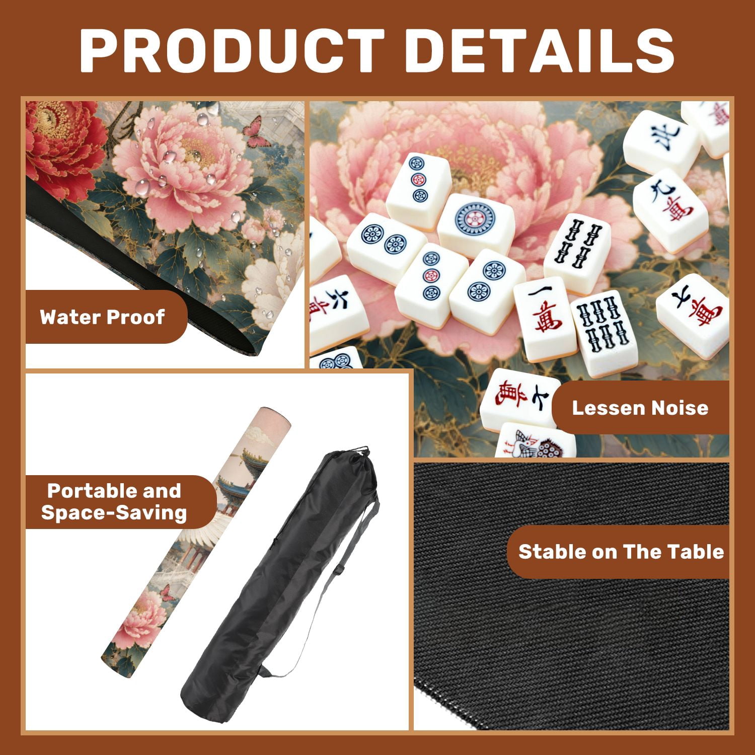 Mahjong Mat 31.5" x 31.5" Graceful Crane Blooming Peony Garden Traditional Pagoda Non-Slip Noise Reduction Chic Portable Gaming Table Cover for Family Game Night & Gift