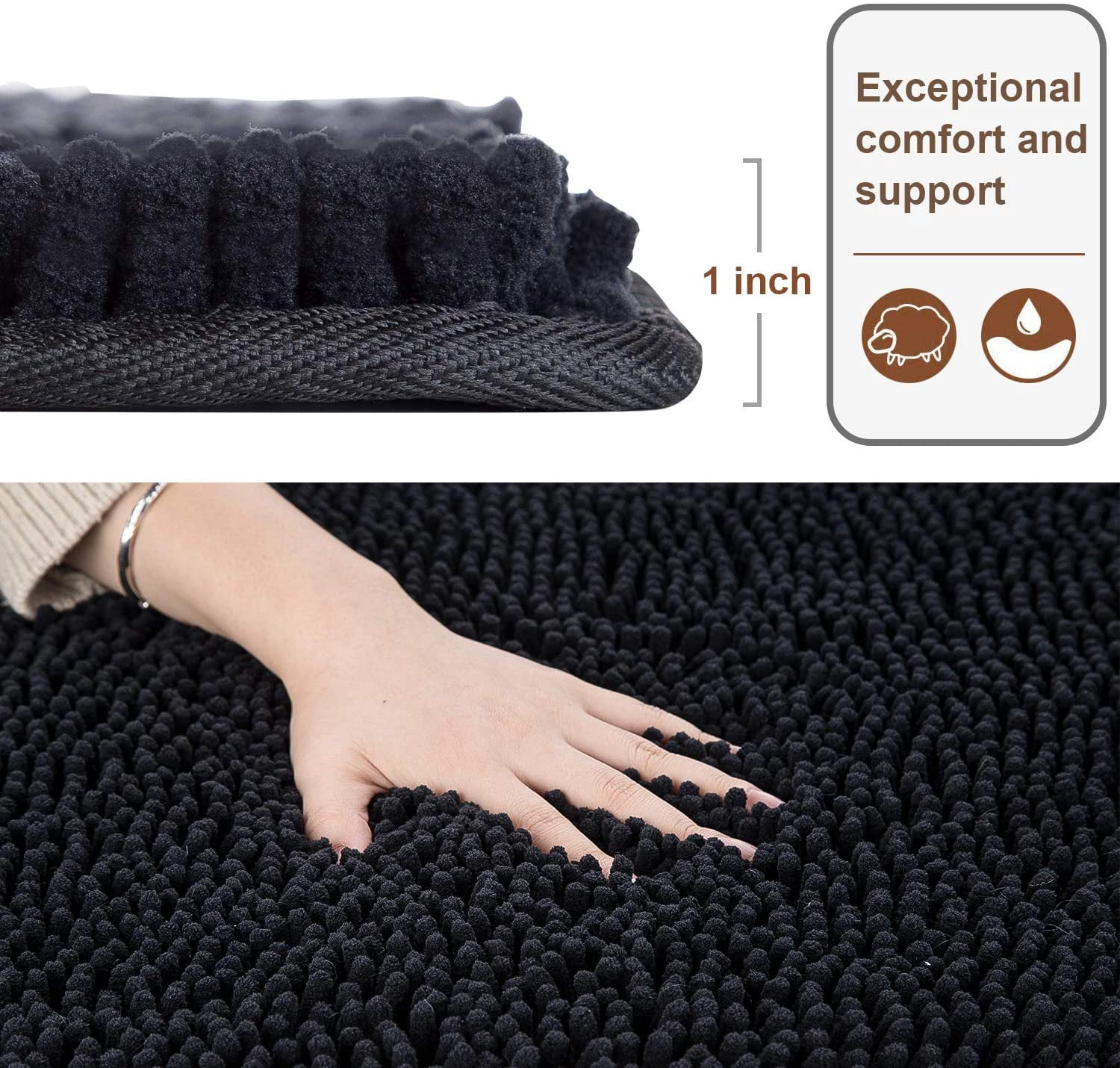 Luxury Bathroom Rug Shaggy Bath Mat 20 x 30 Inch, Washable Non Slip Bath Rugs for Bathroom Shower, Soft Plush Chenille Absorbent Carpets Mats, Black