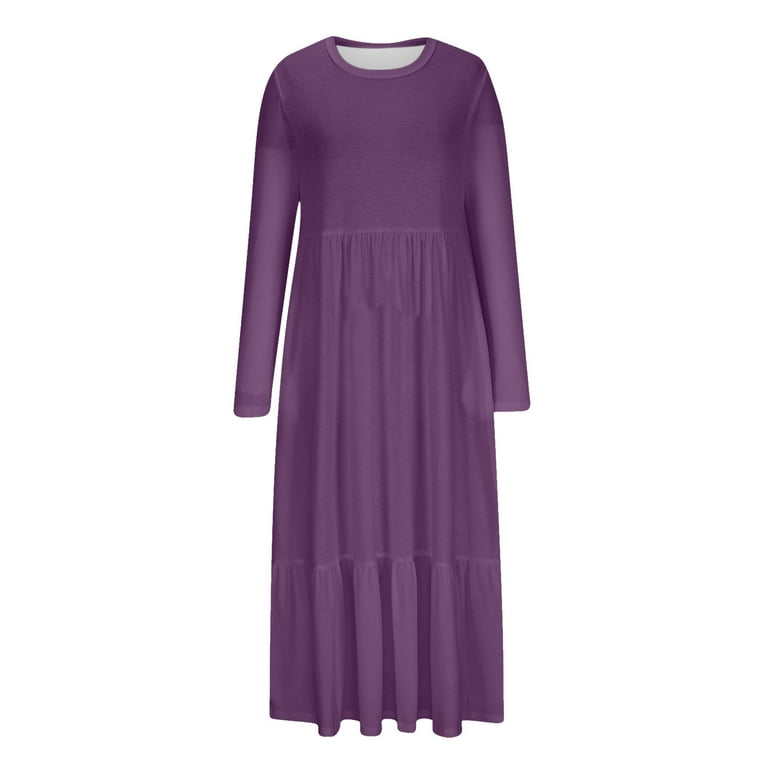 House Dresses for Older Women Women's Casual Loose Long Sleeve Loose Dress  Solid Classic Dress Cute Dresses S-303 Purple L - Walmart.com