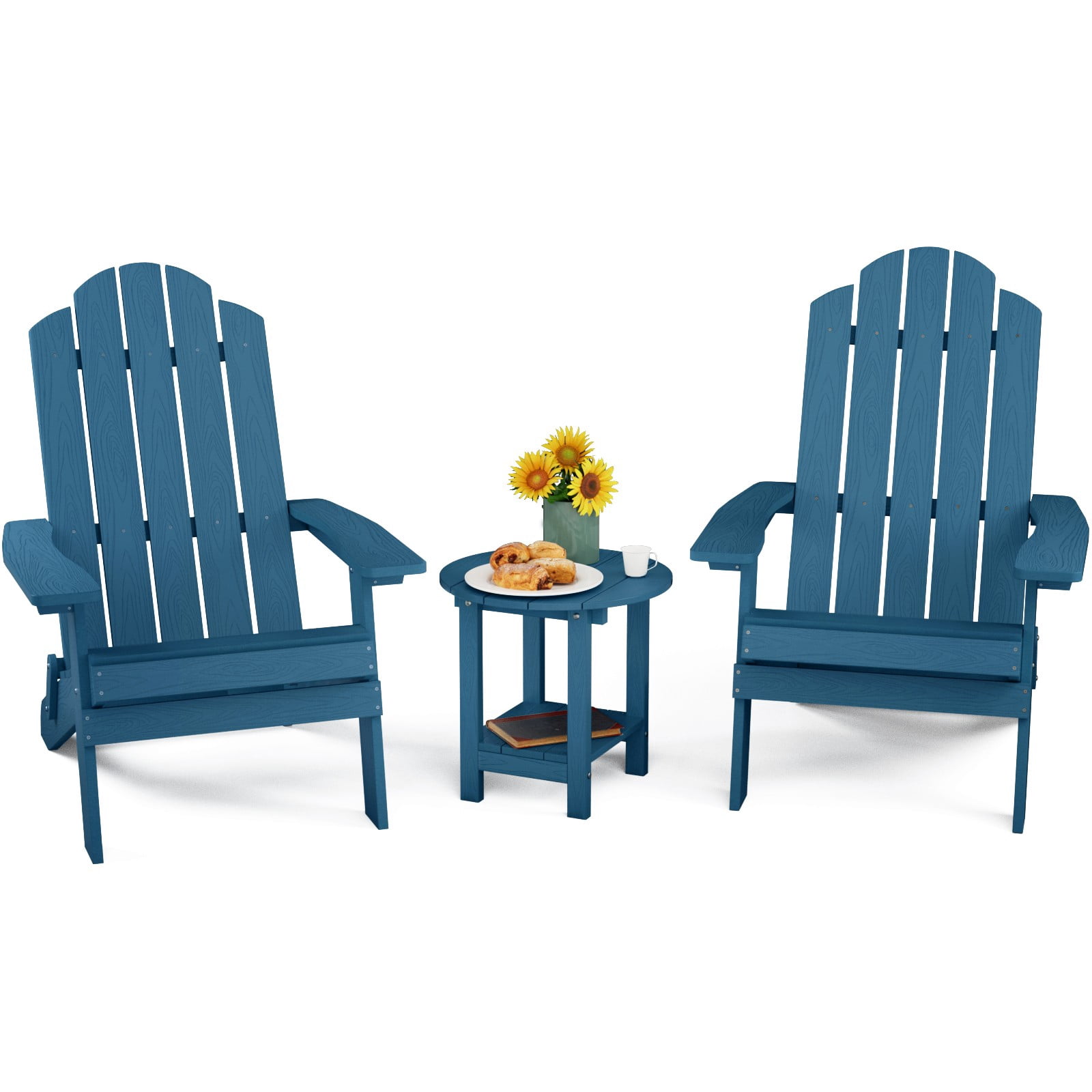WINSOON Folding Adirondack Chair and Table Set 3 PCS Garden Patio Outdoor Chairs, Navy Blue